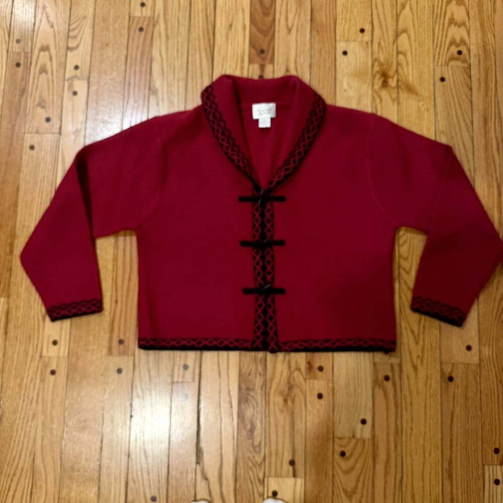 Christopher & Banks 100% Wool Cardigan Red Black Frog Closure Women’s Large